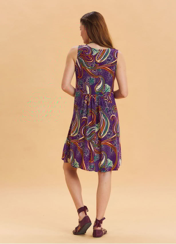 V Neck Button Detail Sleeveless Purple Bohemian Dress 4579